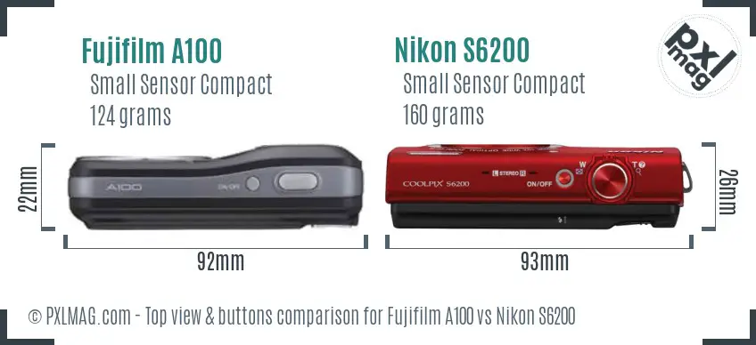 Fujifilm A100 vs Nikon S6200 top view buttons comparison