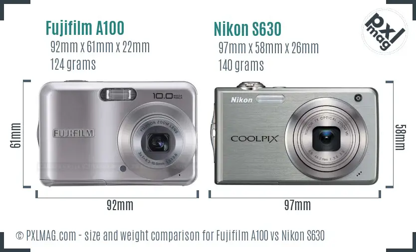 Fujifilm A100 vs Nikon S630 size comparison