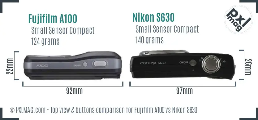 Fujifilm A100 vs Nikon S630 top view buttons comparison