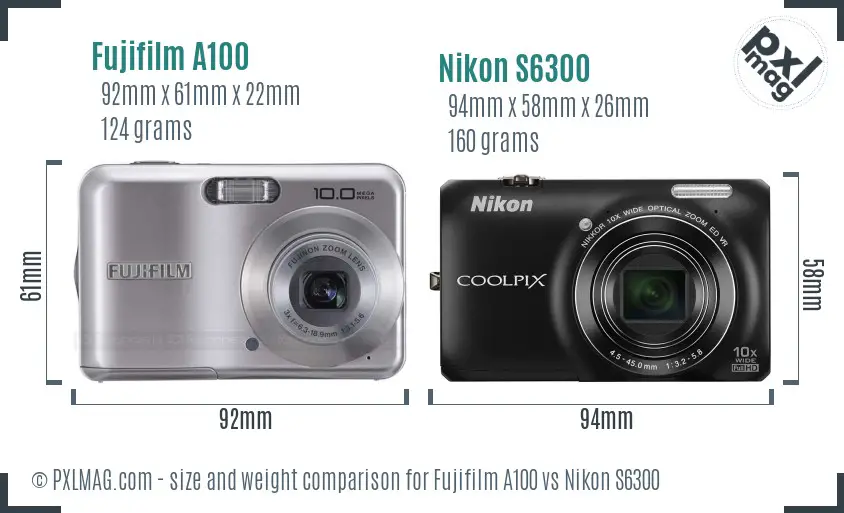 Fujifilm A100 vs Nikon S6300 size comparison