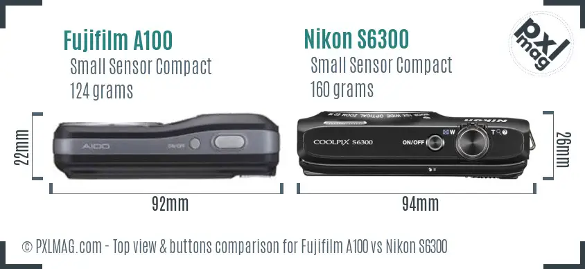Fujifilm A100 vs Nikon S6300 top view buttons comparison