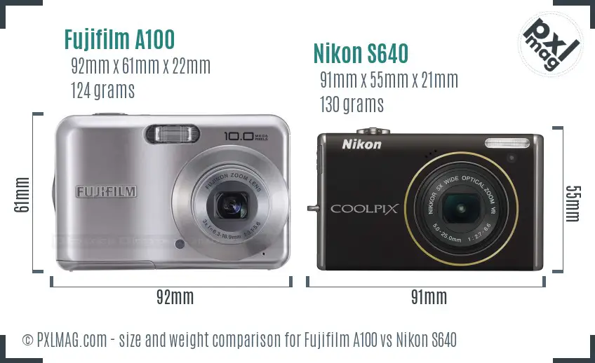 Fujifilm A100 vs Nikon S640 size comparison