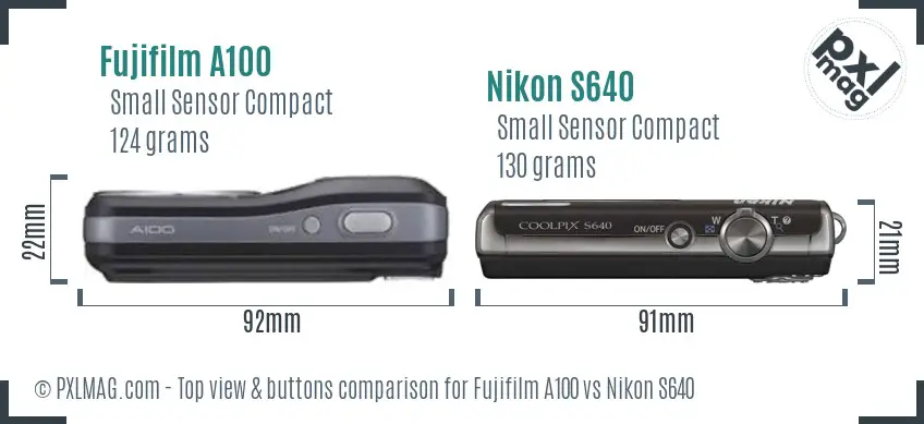 Fujifilm A100 vs Nikon S640 top view buttons comparison