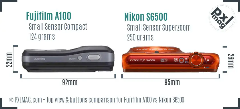 Fujifilm A100 vs Nikon S6500 top view buttons comparison