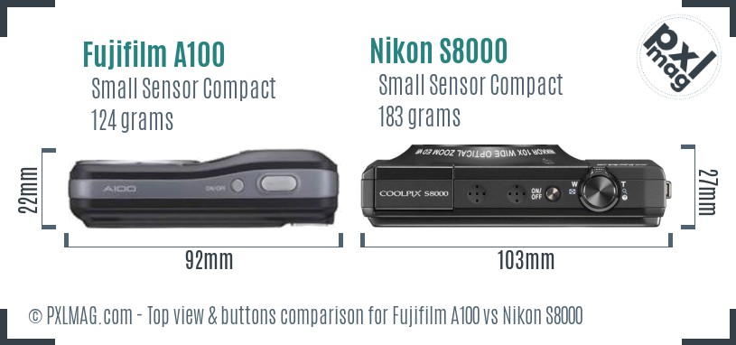 Fujifilm A100 vs Nikon S8000 top view buttons comparison