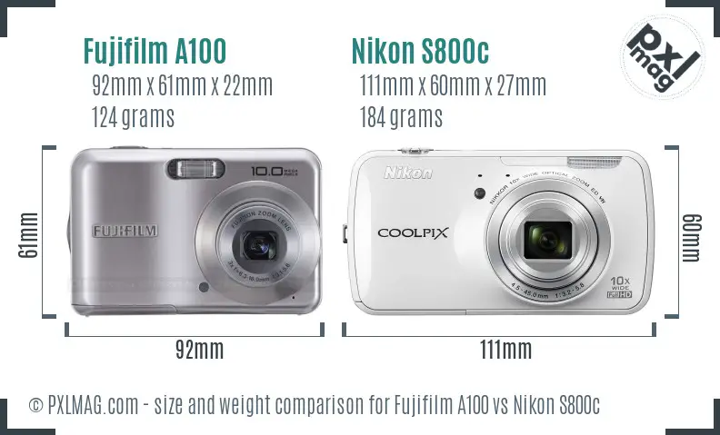Fujifilm A100 vs Nikon S800c size comparison