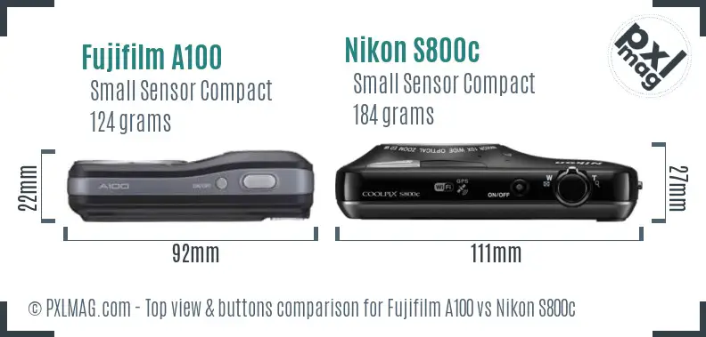 Fujifilm A100 vs Nikon S800c top view buttons comparison