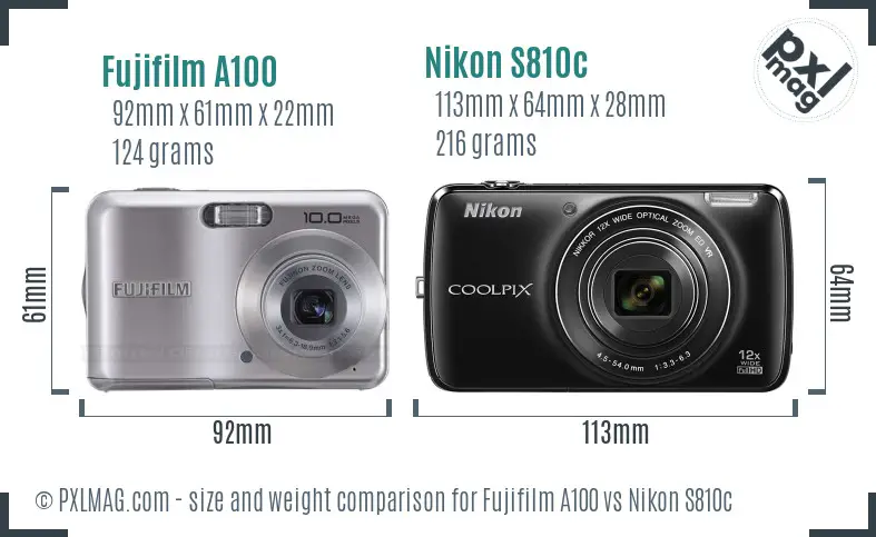 Fujifilm A100 vs Nikon S810c size comparison