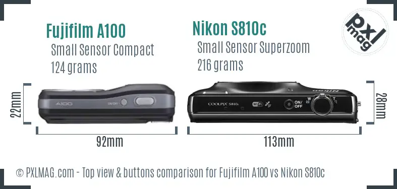 Fujifilm A100 vs Nikon S810c top view buttons comparison