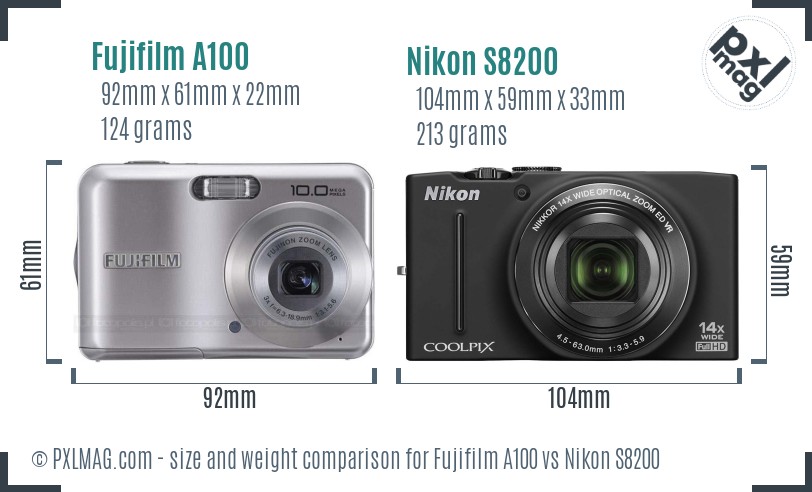Fujifilm A100 vs Nikon S8200 size comparison