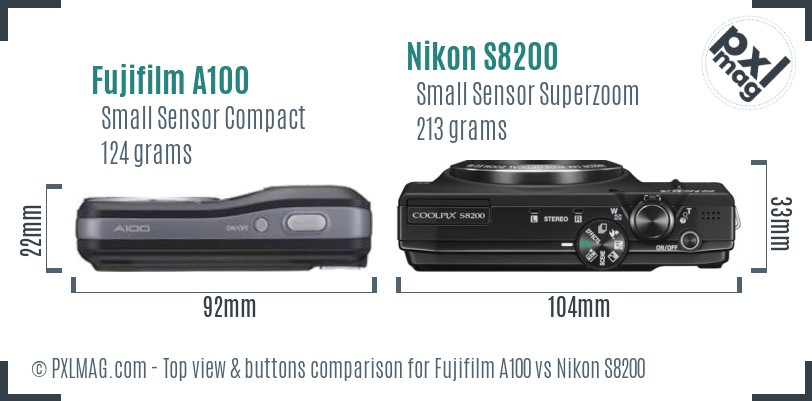 Fujifilm A100 vs Nikon S8200 top view buttons comparison