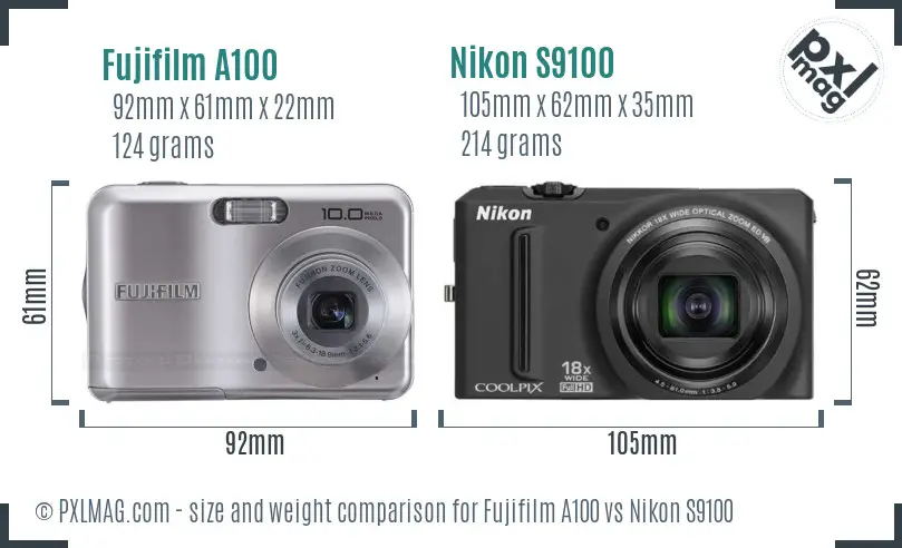 Fujifilm A100 vs Nikon S9100 size comparison