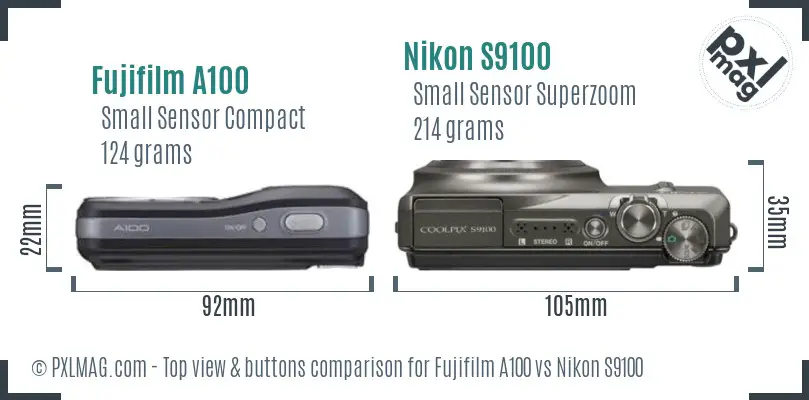 Fujifilm A100 vs Nikon S9100 top view buttons comparison