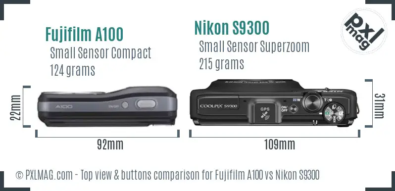 Fujifilm A100 vs Nikon S9300 top view buttons comparison Fujifilm A100 vs Nikon S9300 top view buttons comparison