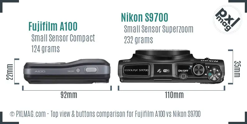 Fujifilm A100 vs Nikon S9700 top view buttons comparison Fujifilm A100 vs Nikon S9700 top view buttons comparison