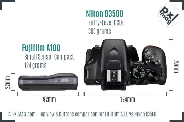 Fujifilm A100 vs Nikon D3500 top view buttons comparison
