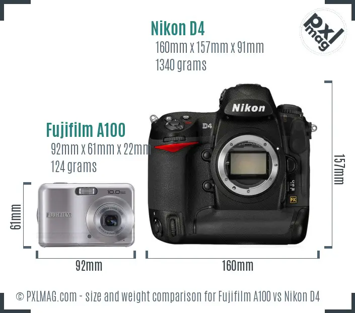Fujifilm A100 vs Nikon D4 size comparison