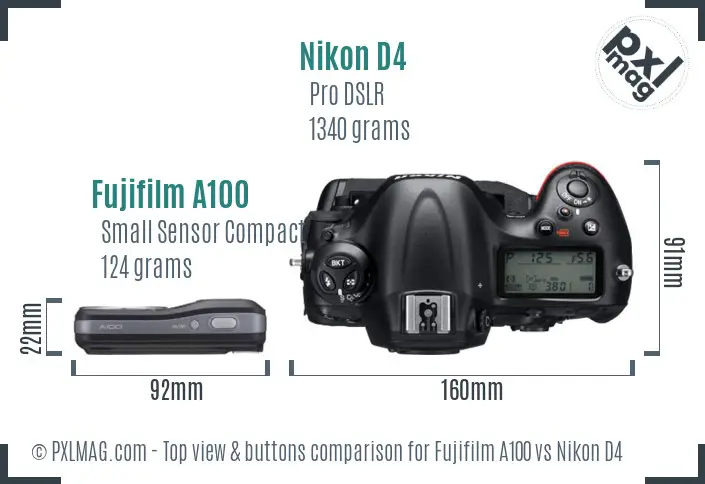 Fujifilm A100 vs Nikon D4 top view buttons comparison