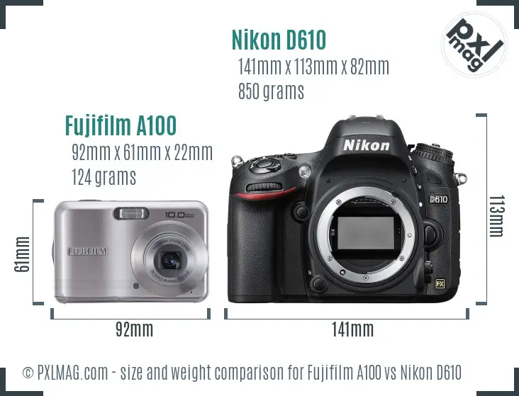 Fujifilm A100 vs Nikon D610 size comparison