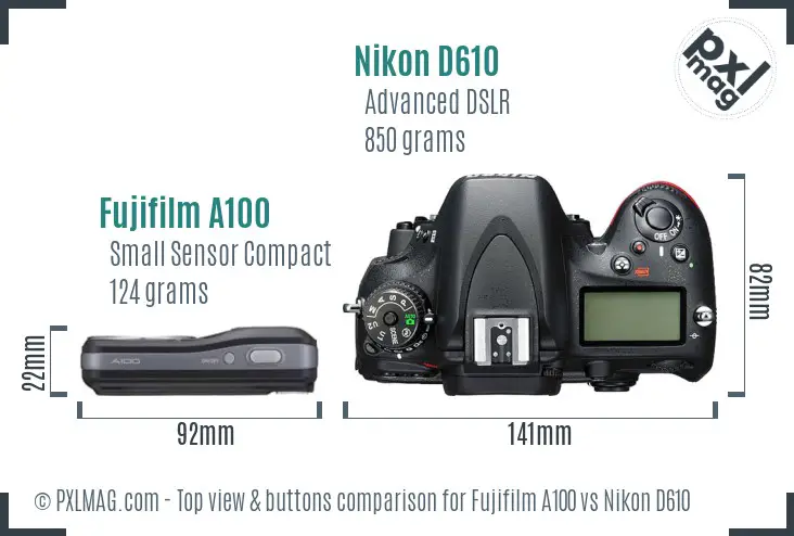 Fujifilm A100 vs Nikon D610 top view buttons comparison