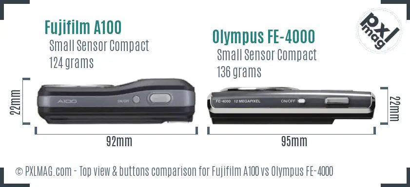 Fujifilm A100 vs Olympus FE-4000 top view buttons comparison Fujifilm A100 vs Olympus FE-4000 top view buttons comparison