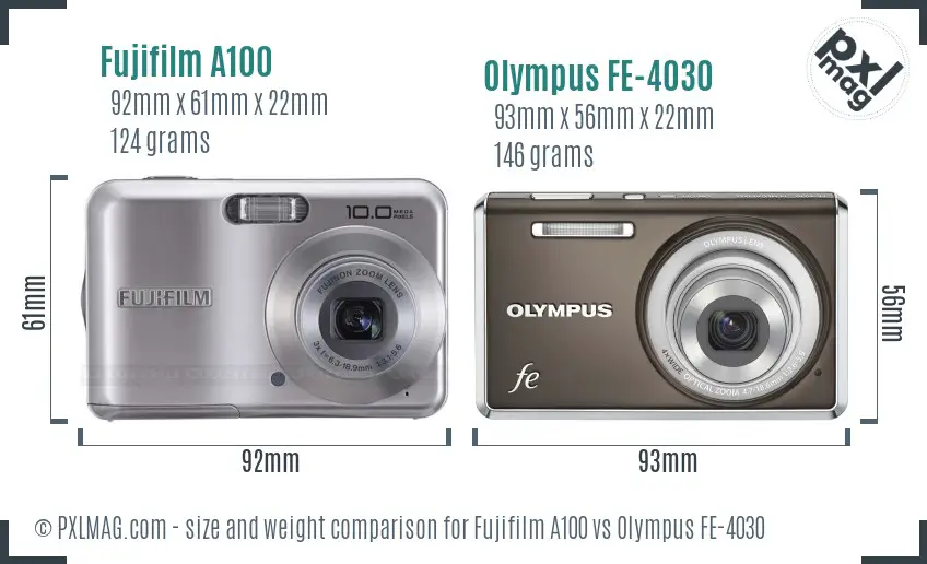 Fujifilm A100 vs Olympus FE-4030 size comparison Fujifilm A100 vs Olympus FE-4030 size comparison