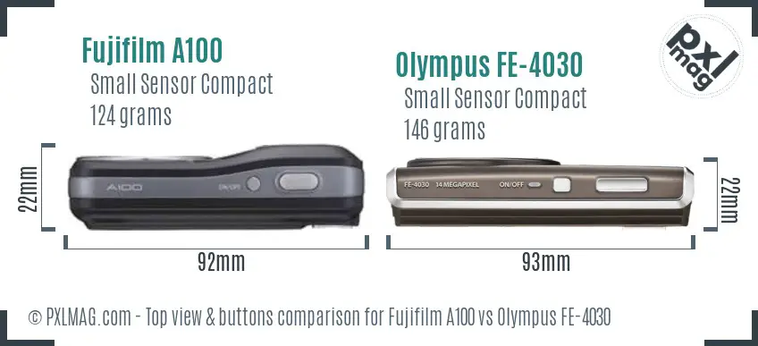 Fujifilm A100 vs Olympus FE-4030 top view buttons comparison Fujifilm A100 vs Olympus FE-4030 top view buttons comparison