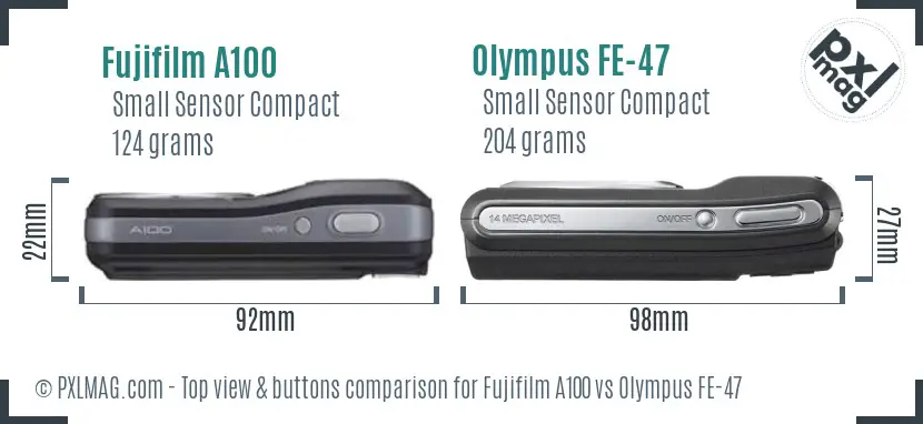 Fujifilm A100 vs Olympus FE-47 top view buttons comparison