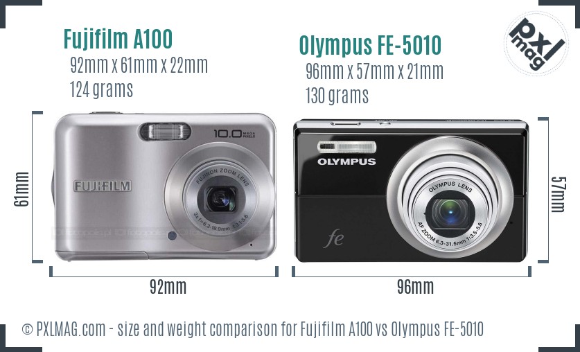 Fujifilm A100 vs Olympus FE-5010 size comparison Fujifilm A100 vs Olympus FE-5010 size comparison