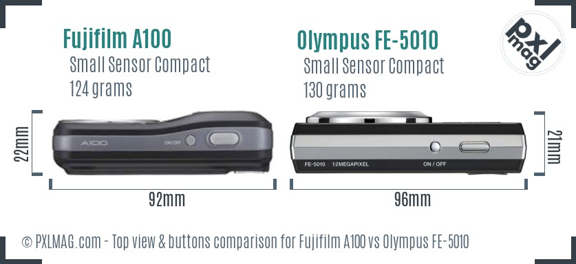 Fujifilm A100 vs Olympus FE-5010 top view buttons comparison