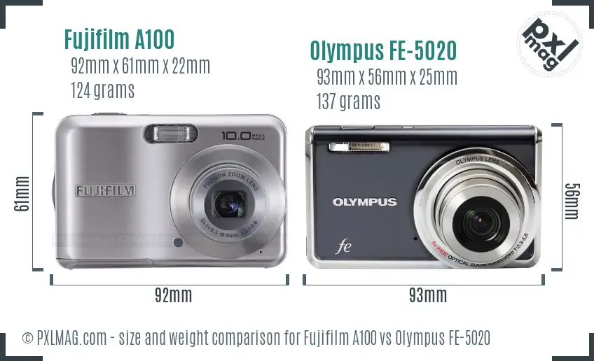 Fujifilm A100 vs Olympus FE-5020 size comparison Fujifilm A100 vs Olympus FE-5020 size comparison