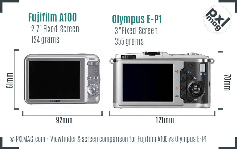 Fujifilm A100 vs Olympus E-P1 Screen and Viewfinder comparison