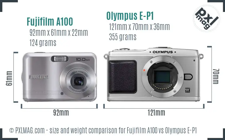 Fujifilm A100 vs Olympus E-P1 size comparison