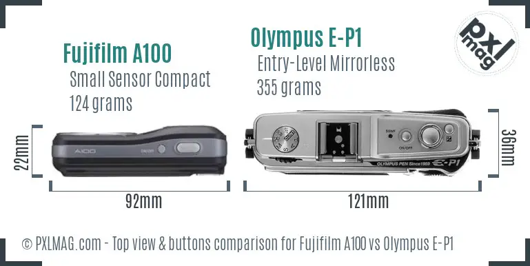 Fujifilm A100 vs Olympus E-P1 top view buttons comparison