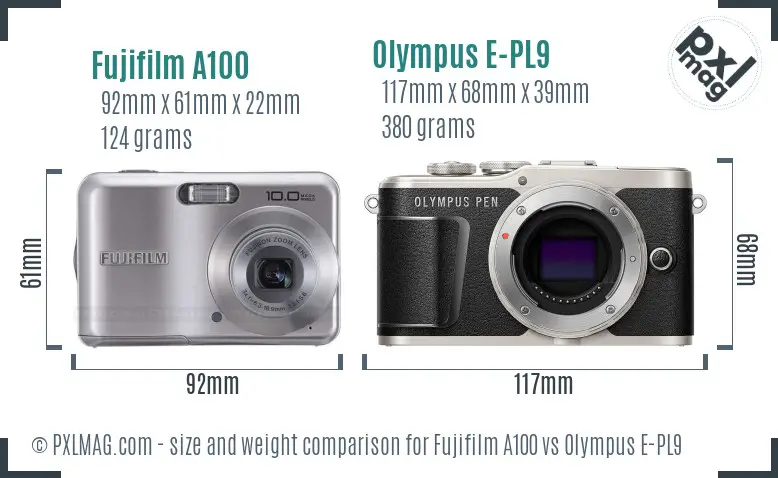Fujifilm A100 vs Olympus E-PL9 size comparison
