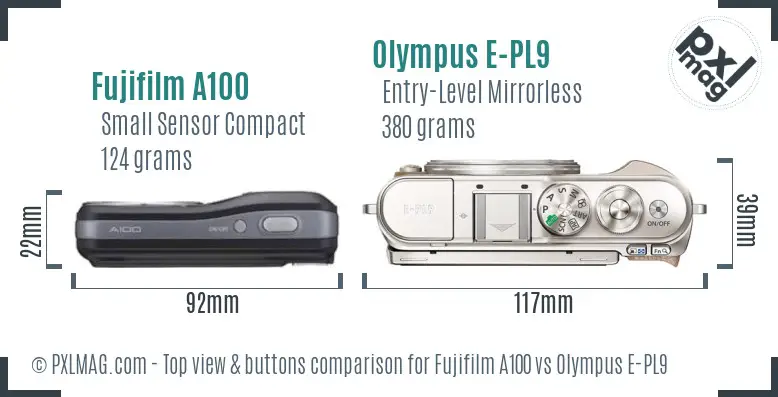 Fujifilm A100 vs Olympus E-PL9 top view buttons comparison