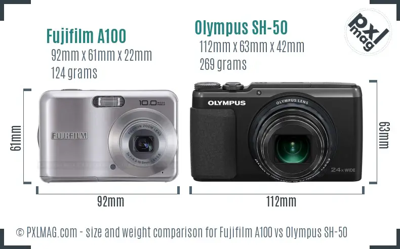 Fujifilm A100 vs Olympus SH-50 size comparison