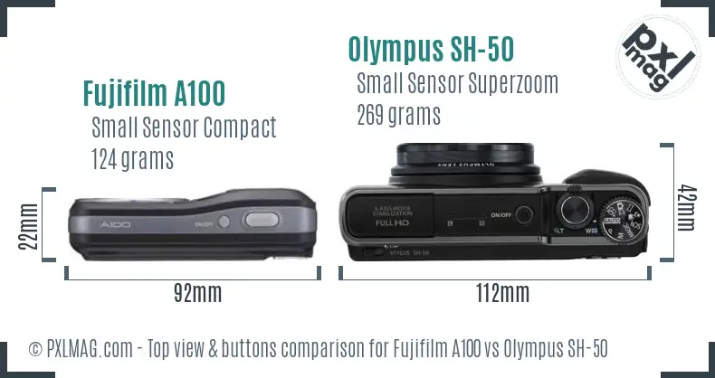 Fujifilm A100 vs Olympus SH-50 top view buttons comparison