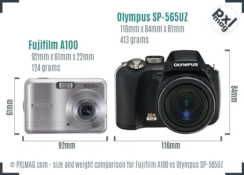Fujifilm A100 vs Olympus SP-565UZ size comparison Fujifilm A100 vs Olympus SP-565UZ size comparison
