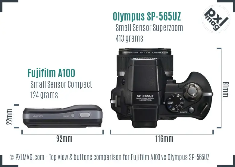 Fujifilm A100 vs Olympus SP-565UZ top view buttons comparison Fujifilm A100 vs Olympus SP-565UZ top view buttons comparison