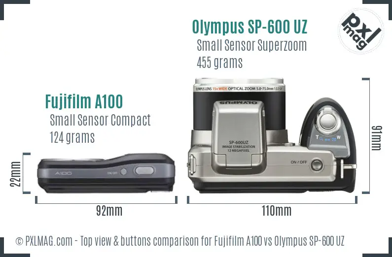Fujifilm A100 vs Olympus SP-600 UZ top view buttons comparison