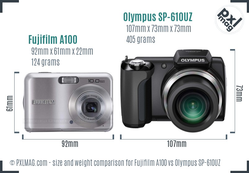 Fujifilm A100 vs Olympus SP-610UZ size comparison