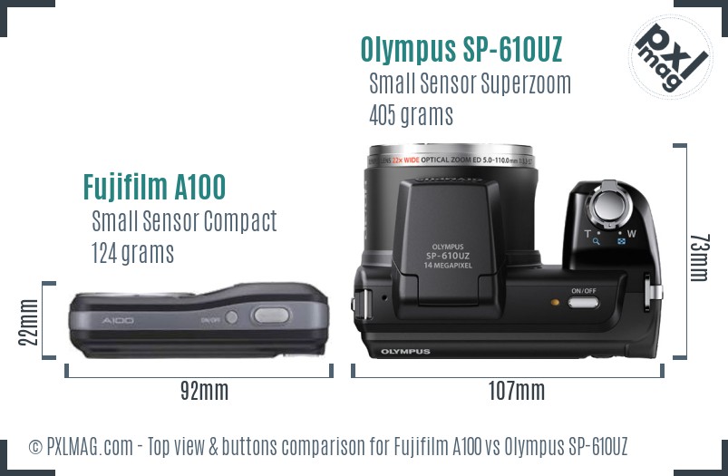 Fujifilm A100 vs Olympus SP-610UZ top view buttons comparison