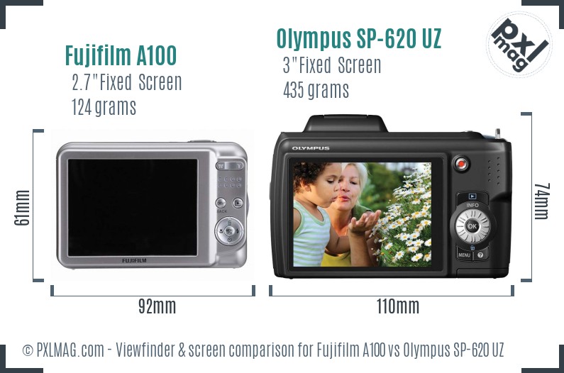 Fujifilm A100 vs Olympus SP-620 UZ Screen and Viewfinder comparison
