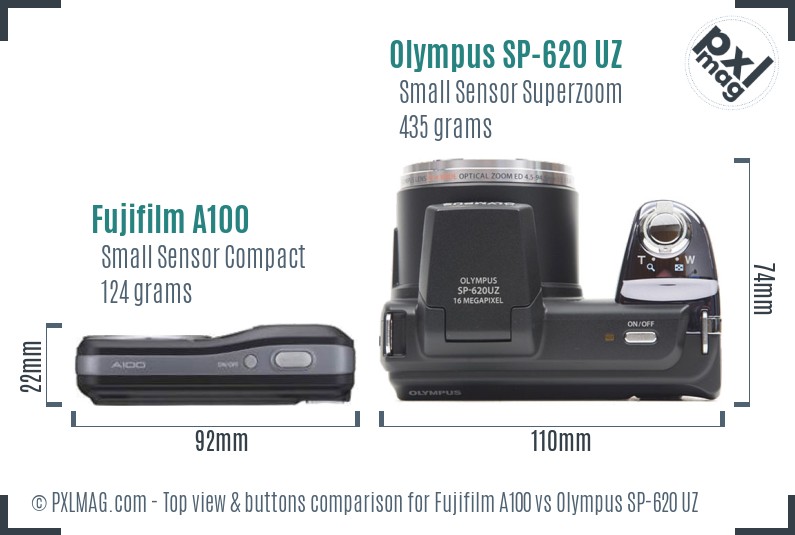 Fujifilm A100 vs Olympus SP-620 UZ top view buttons comparison