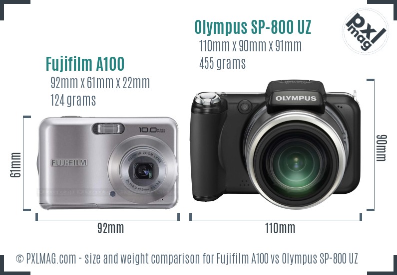 Fujifilm A100 vs Olympus SP-800 UZ size comparison Fujifilm A100 vs Olympus SP-800 UZ size comparison