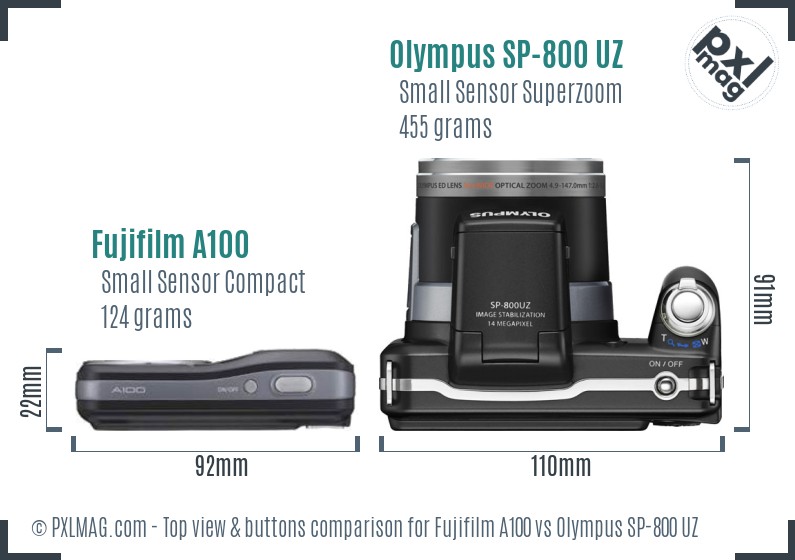Fujifilm A100 vs Olympus SP-800 UZ top view buttons comparison