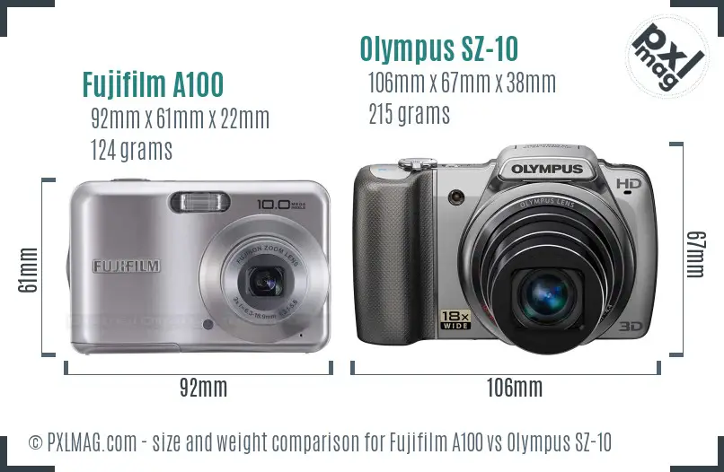 Fujifilm A100 vs Olympus SZ-10 size comparison