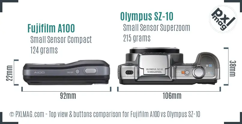 Fujifilm A100 vs Olympus SZ-10 top view buttons comparison