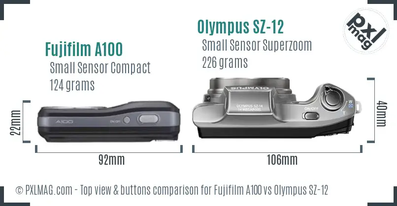 Fujifilm A100 vs Olympus SZ-12 top view buttons comparison